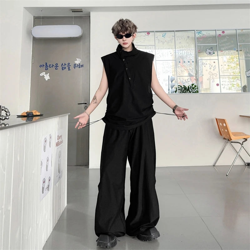 Men's High End Sleeveless Set Casual High Neck Button Detail Drawstring Waist Baggy Pants Minimalist Two Pieces Set 78O9