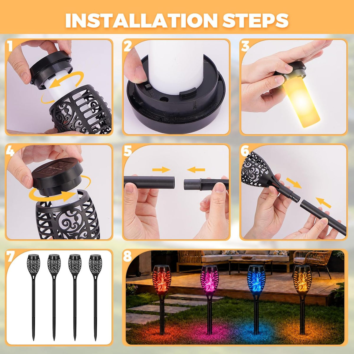 8 Pack Solar Multicolor Flickering Flame Torch Lights