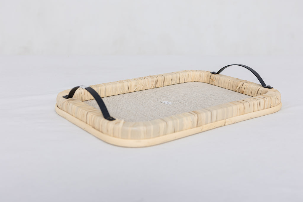 Raffia Wrapped Serving Tray with Metal Handles Boho Coffee Table Decor