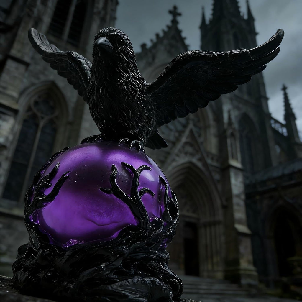Gothic Raven Table Lamp with Purple Orb