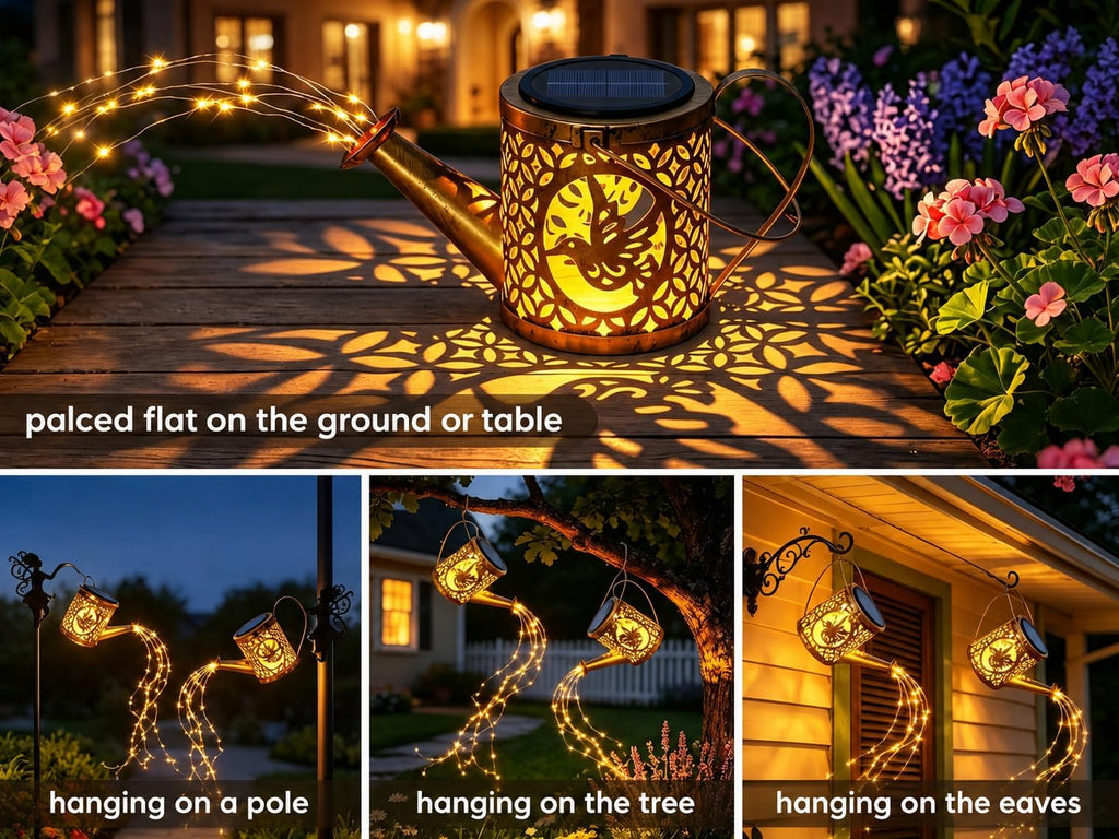 Large Solar Watering Can Lights with Flowing Warm White LEDs