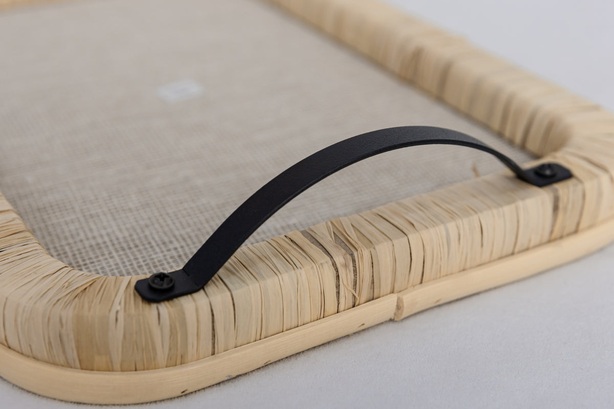 Raffia Wrapped Serving Tray with Metal Handles Boho Coffee Table Decor