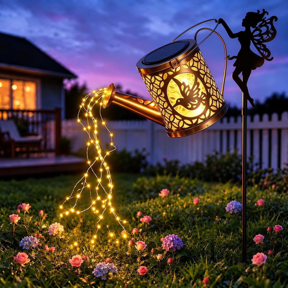 Large Solar Watering Can Lights with Flowing Warm White LEDs