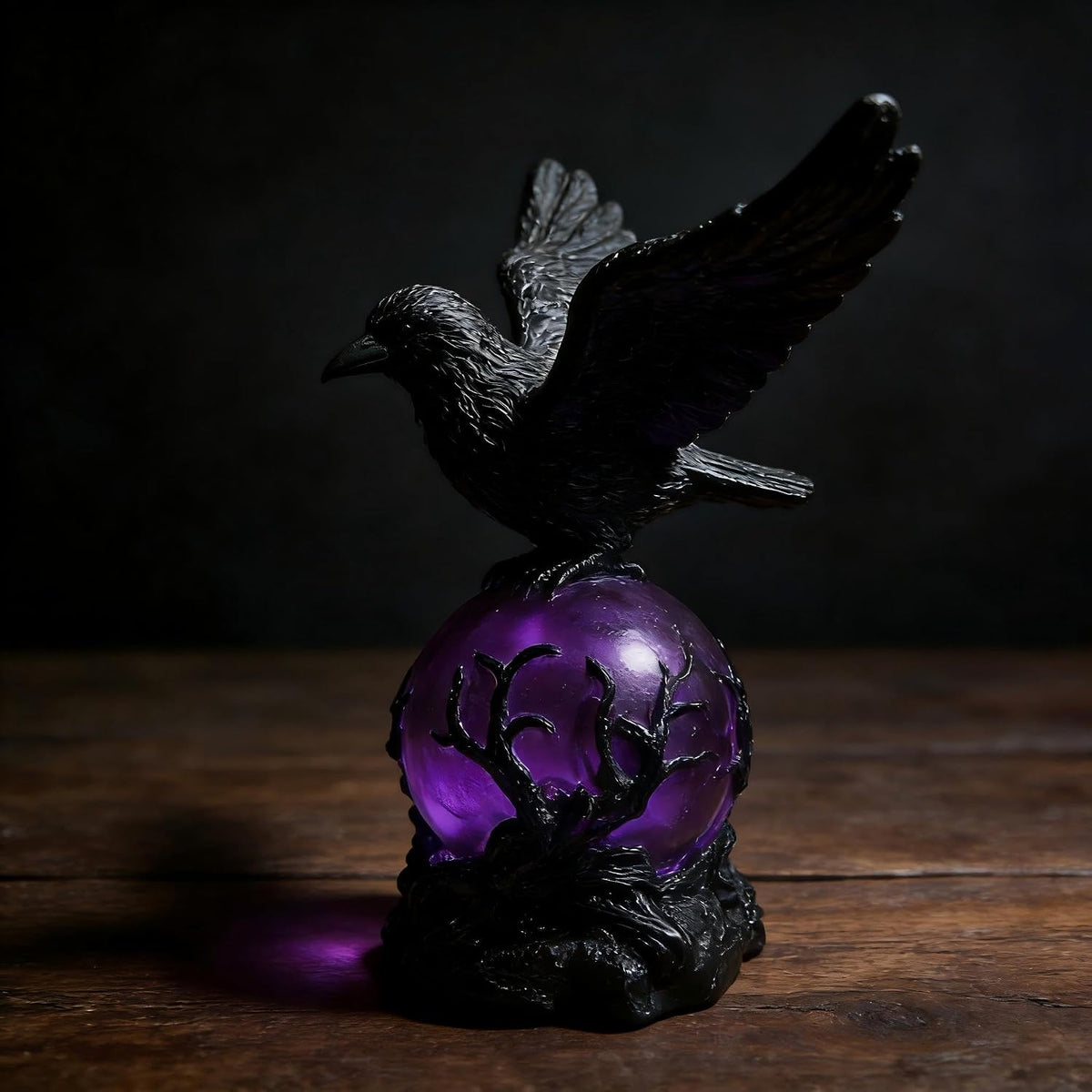 Gothic Raven Table Lamp with Purple Orb