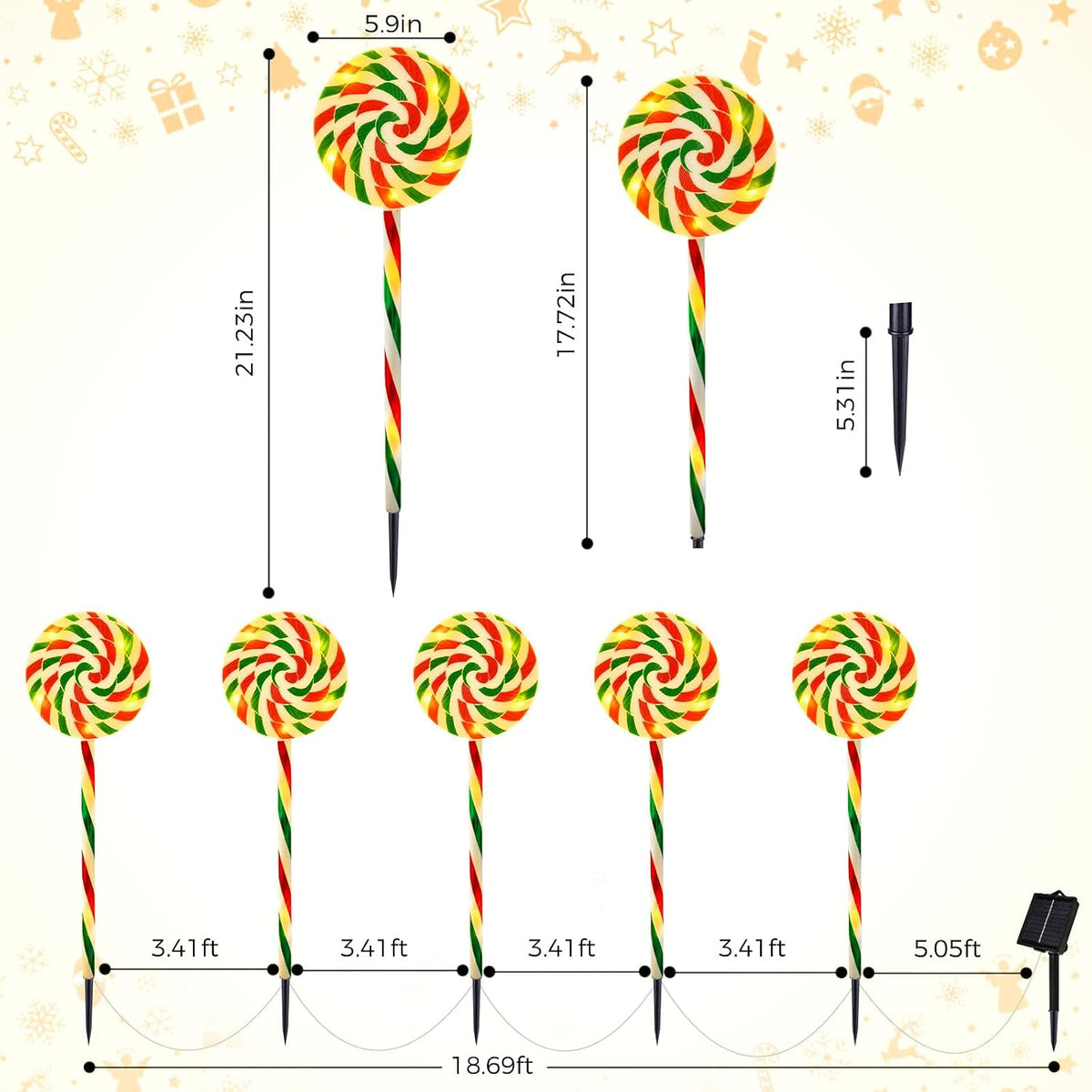 5 Pack Christmas Solar Lollipop Pathway Lights