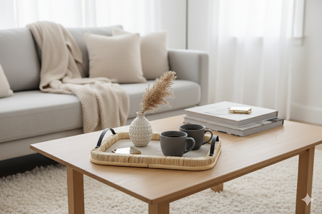 Raffia Wrapped Serving Tray with Metal Handles Boho Coffee Table Decor