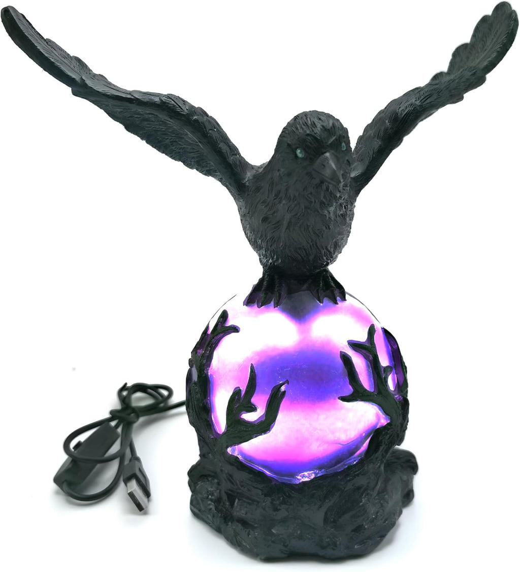 Gothic Raven Table Lamp with Purple Orb
