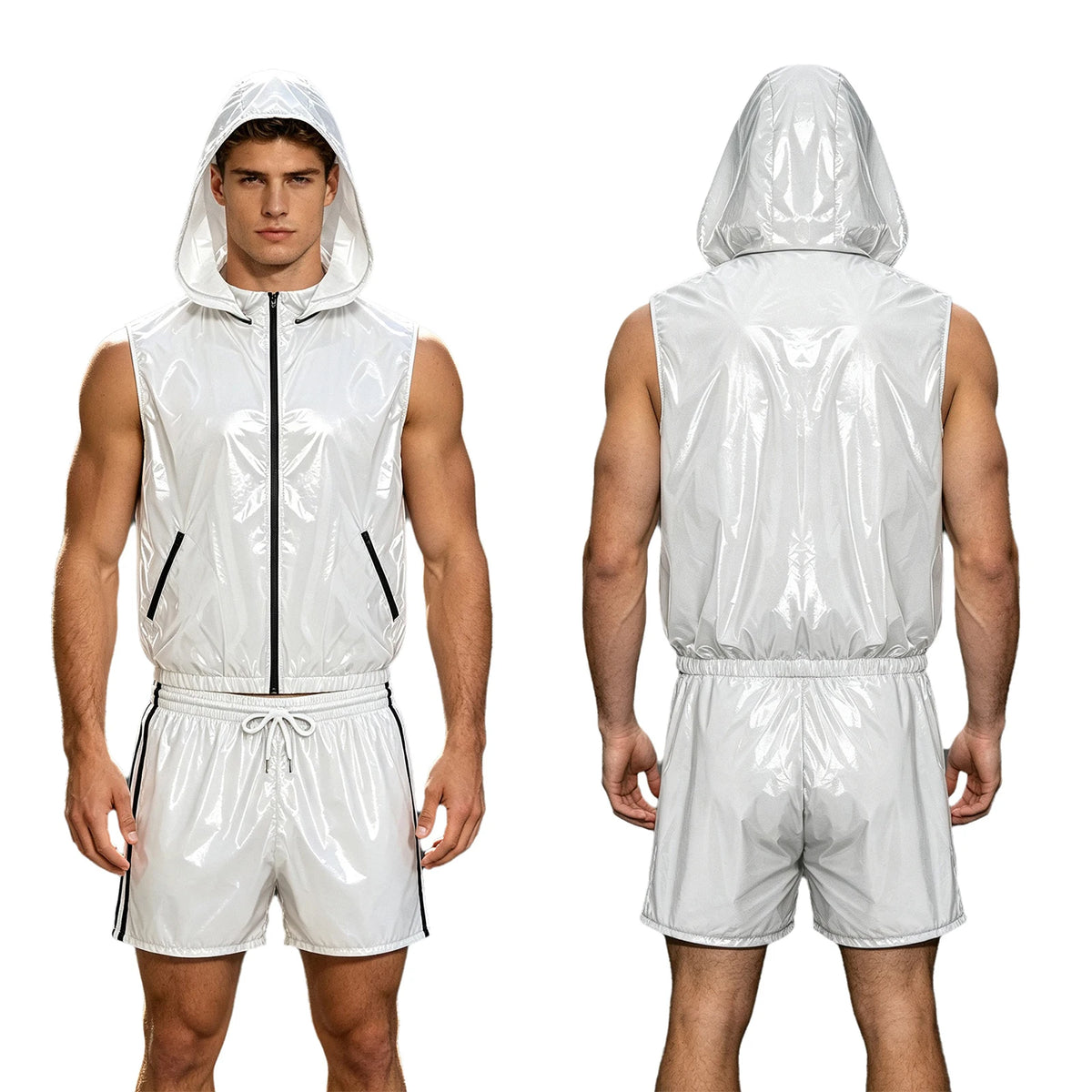 Mens Waterproof Hooded Vest Shorts Set Tracksuit Glossy Costume Front Zipper Waistcoat with Hood And Built-in Briefs Boxer Short