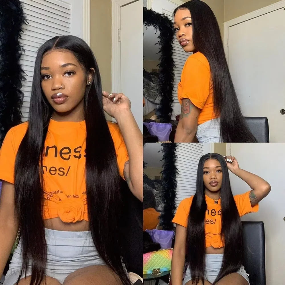 200% Density Bone Straight 7x6 HD Transparent Lace Frontal Wig 42 46 Inch Brazilian Natural Color Straight Human Hair Wig 7x6 HD Transparent Full Frontal Lace Pre Plucked Long Wigs For Women 40 46 Inch
