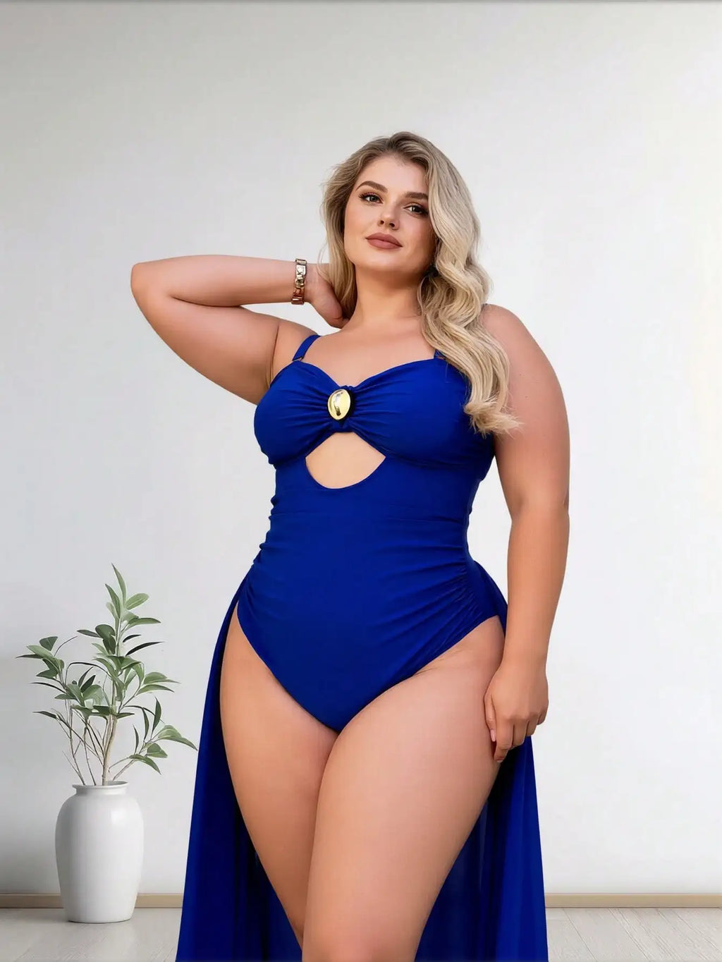 Plus Size Royal Blue One-Piece Swimsuit Women's Cutout Ruched Tummy Control Bathing Suit With Gold Accent For Beach Vacation, Push-Up & Slim Fit