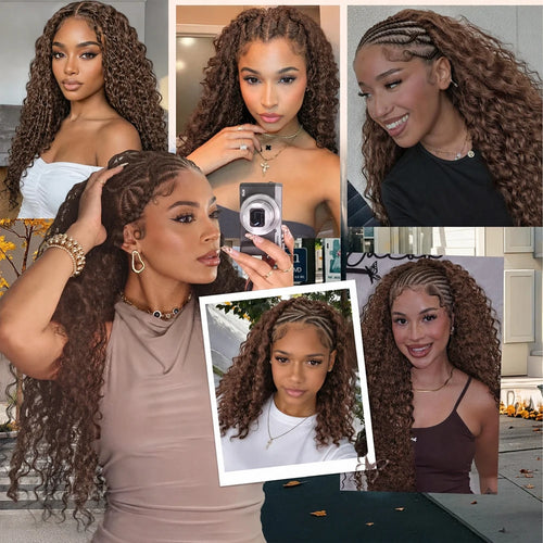 #4 Brown Deep Wave Crochet Human Hair Miracle Knots Feather Crochet Pre Separated Braiding Hair Virgin Remy Soft Natural Wavy Texture Lightweight Knotless Boho Protective Hairstyle For Women Hair Extensions