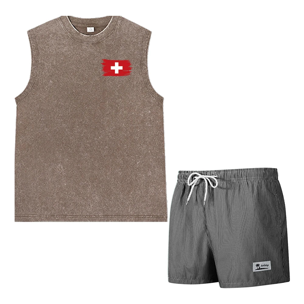Casual Summer Men's 2 Piece Outfit: Vintage Washed Sleeveless Tee & Pinstripe Quick Dry Swim Shorts Set with Flag Graphic Print