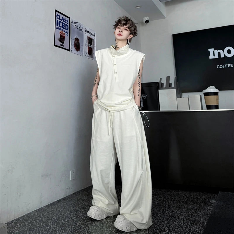 Men's High End Sleeveless Set Casual High Neck Button Detail Drawstring Waist Baggy Pants Minimalist Two Pieces Set 78O9