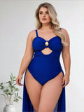Plus Size Royal Blue One-Piece Swimsuit Women's Cutout Ruched Tummy Control Bathing Suit With Gold Accent For Beach Vacation, Push-Up & Slim Fit