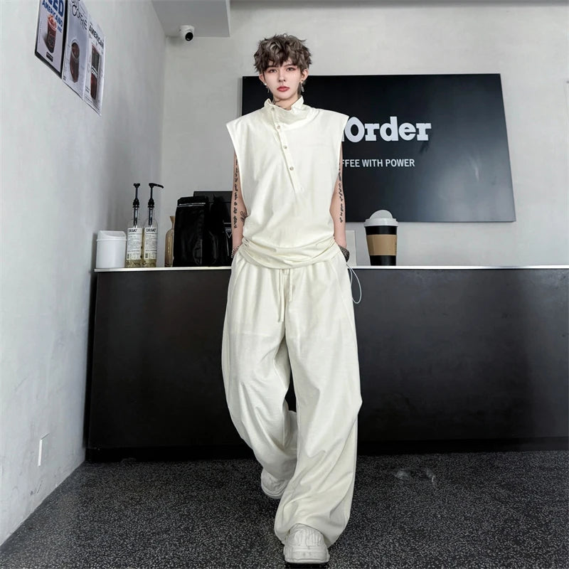 Men's High End Sleeveless Set Casual High Neck Button Detail Drawstring Waist Baggy Pants Minimalist Two Pieces Set 78O9