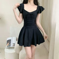 Women Skirted Swimdress Short Sleeve Tummy Control Swimsuit With Padding Slimming Hot Spring Bathing Suit