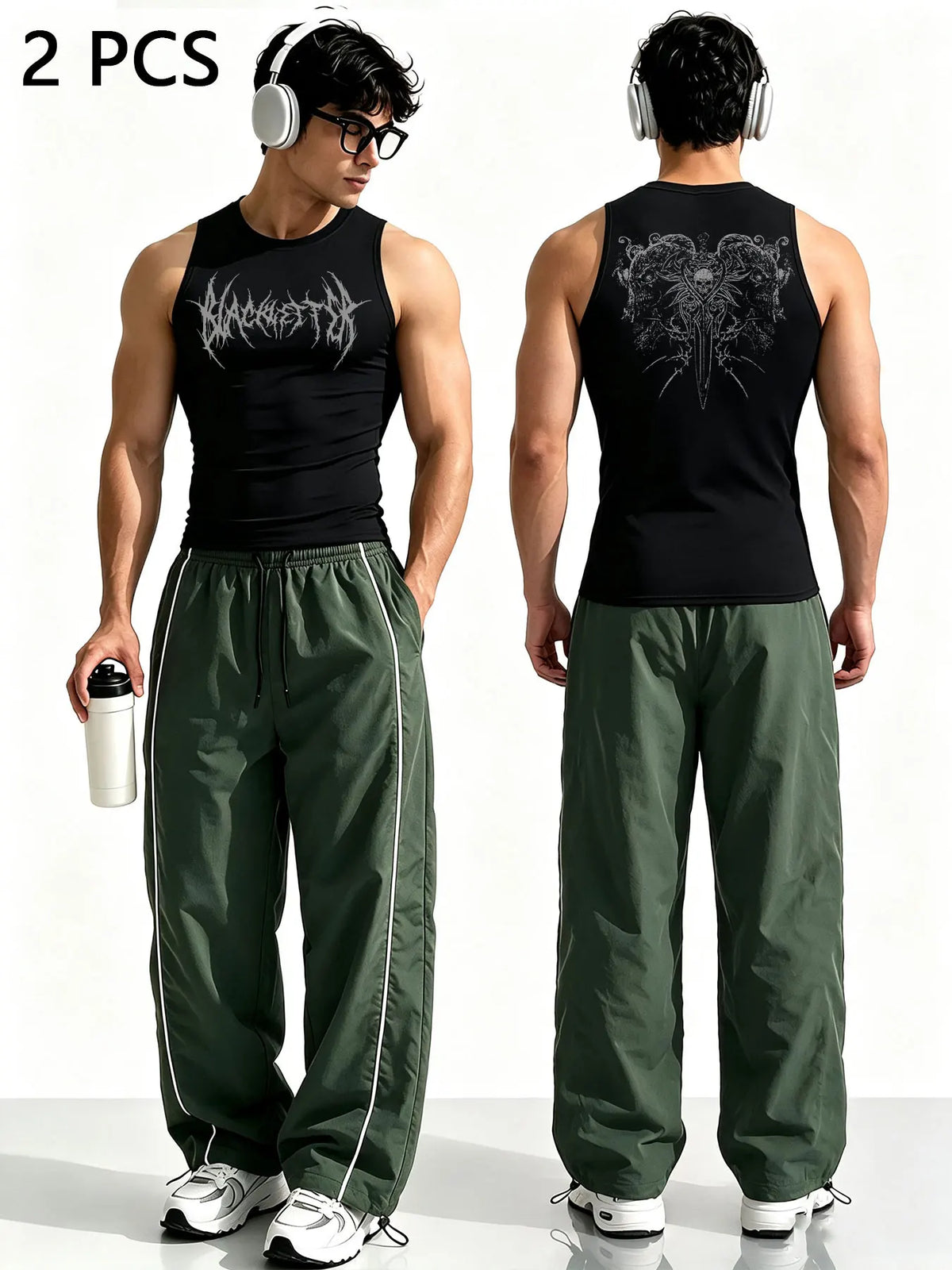 Men Gothic Style 2Pcs Outfit Graphic Sleeveless Tank Top Side Striped Loose Trousers Gym Street Casual Tracksuit