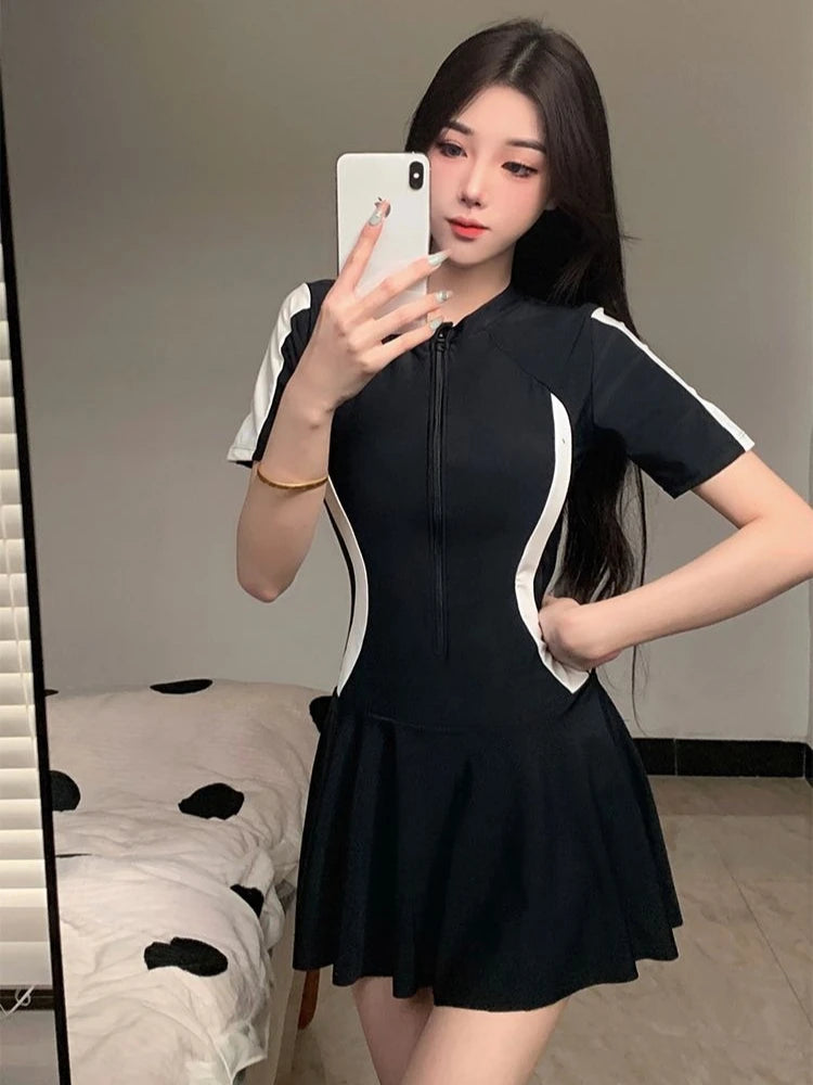 Women's Modest One Piece Swimsuit Skirted Tummy Control Swimwear Boyleg Sport Bathing Suit for Teen Girls SPA Beachwear