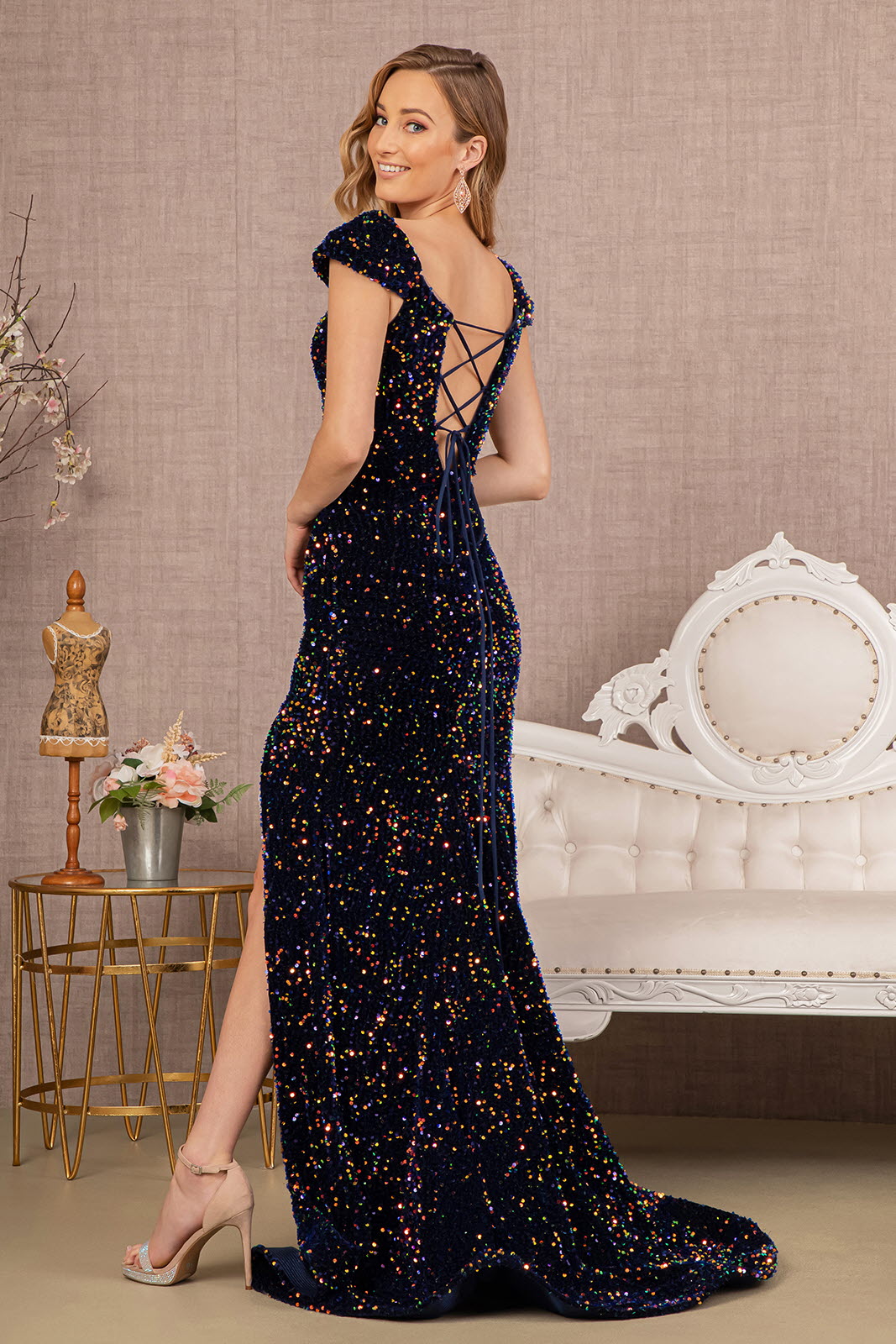 Sequin Off Shoulder Lace-up Back Velvet Mermaid Long Prom Dress