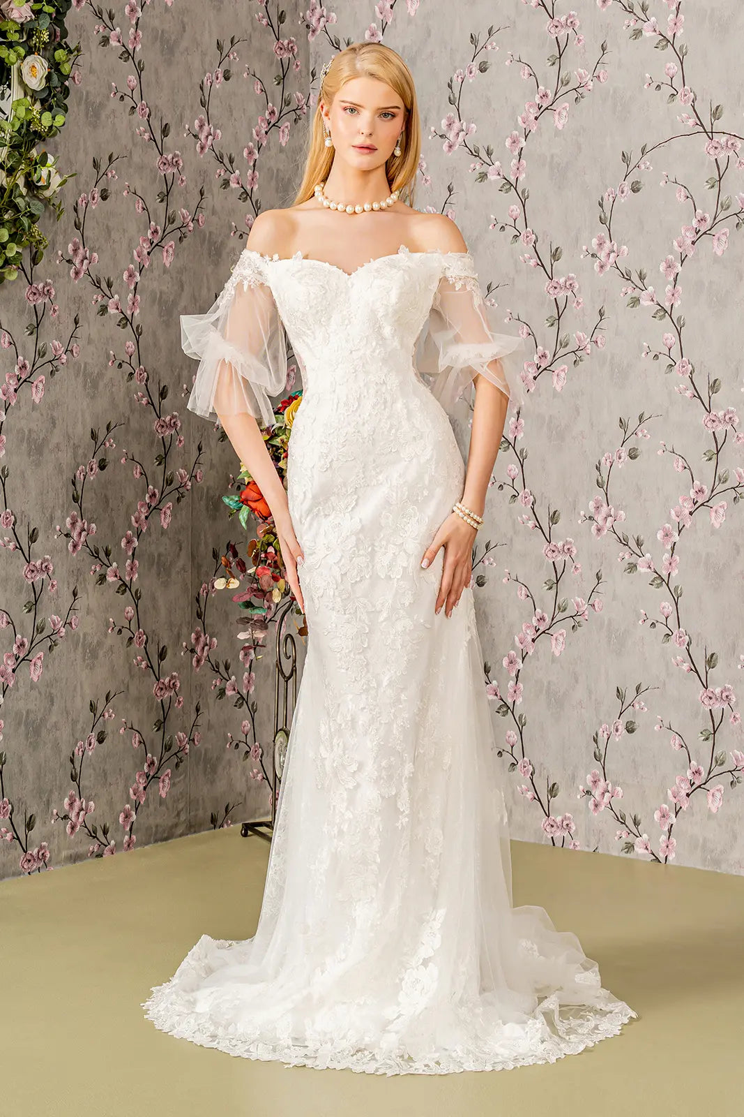 Floral Embroidered Mermaid Wedding Gown with Sheer Beaded Sleeves