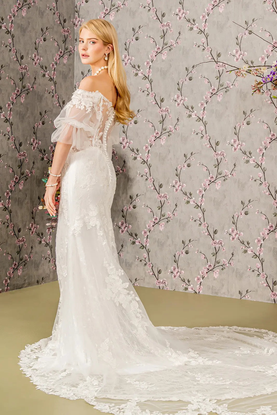 Floral Embroidered Mermaid Wedding Gown with Sheer Beaded Sleeves