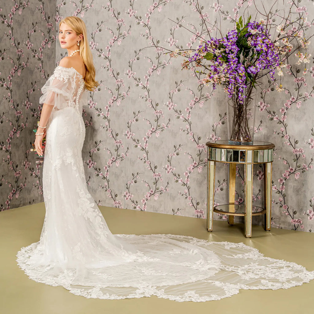 Floral Embroidered Mermaid Wedding Gown with Sheer Beaded Sleeves