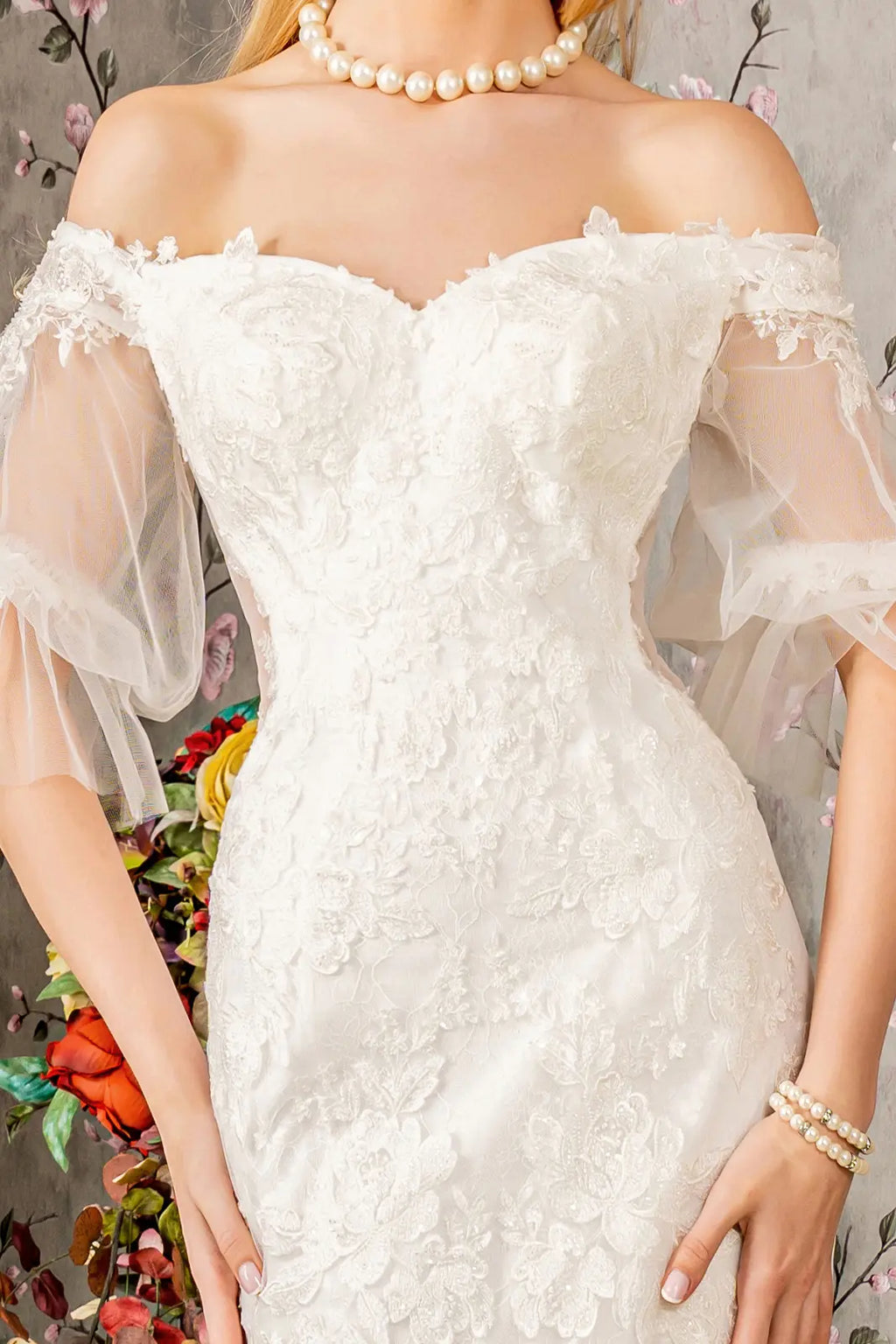 Floral Embroidered Mermaid Wedding Gown with Sheer Beaded Sleeves