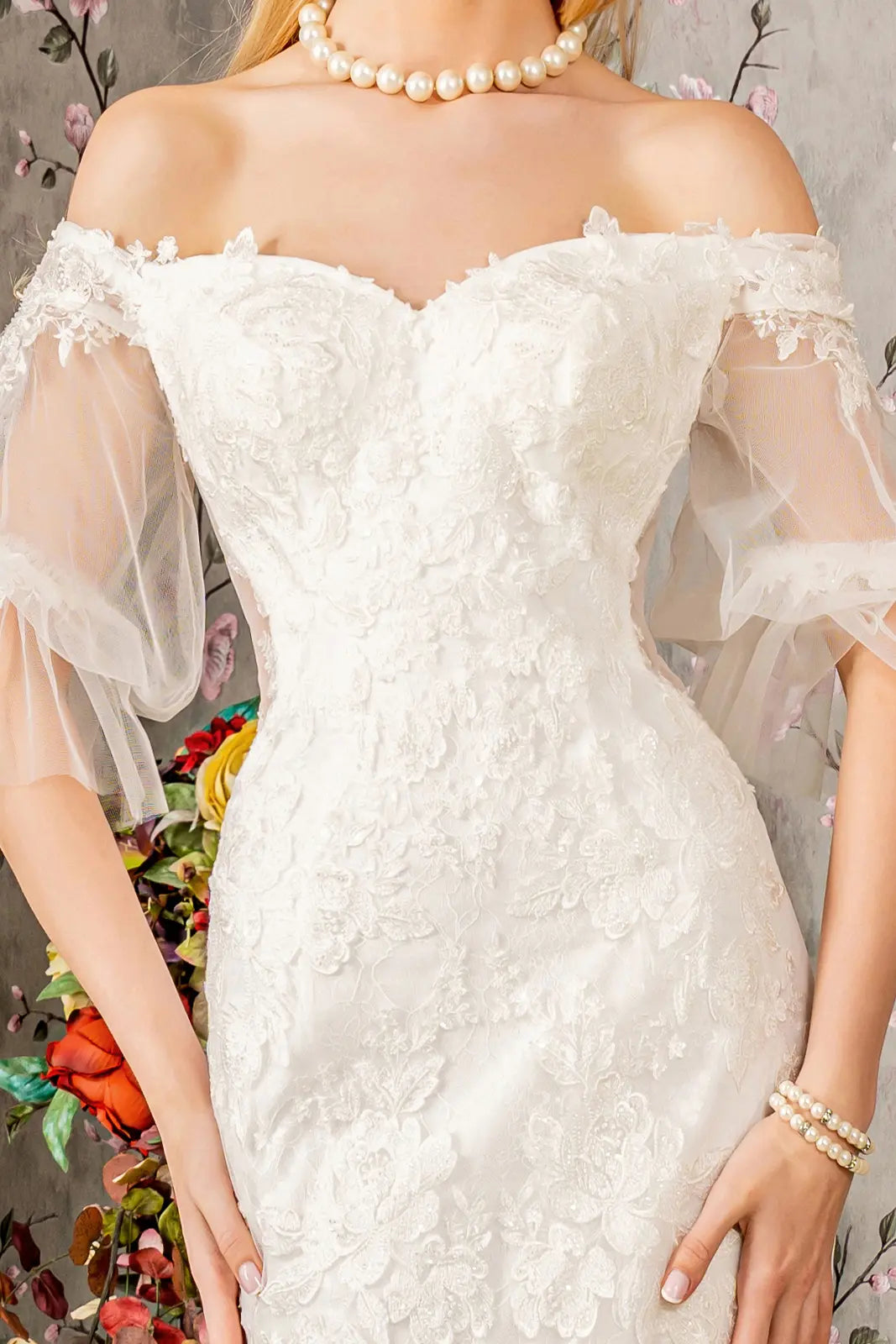 Floral Embroidered Mermaid Wedding Gown with Sheer Beaded Sleeves