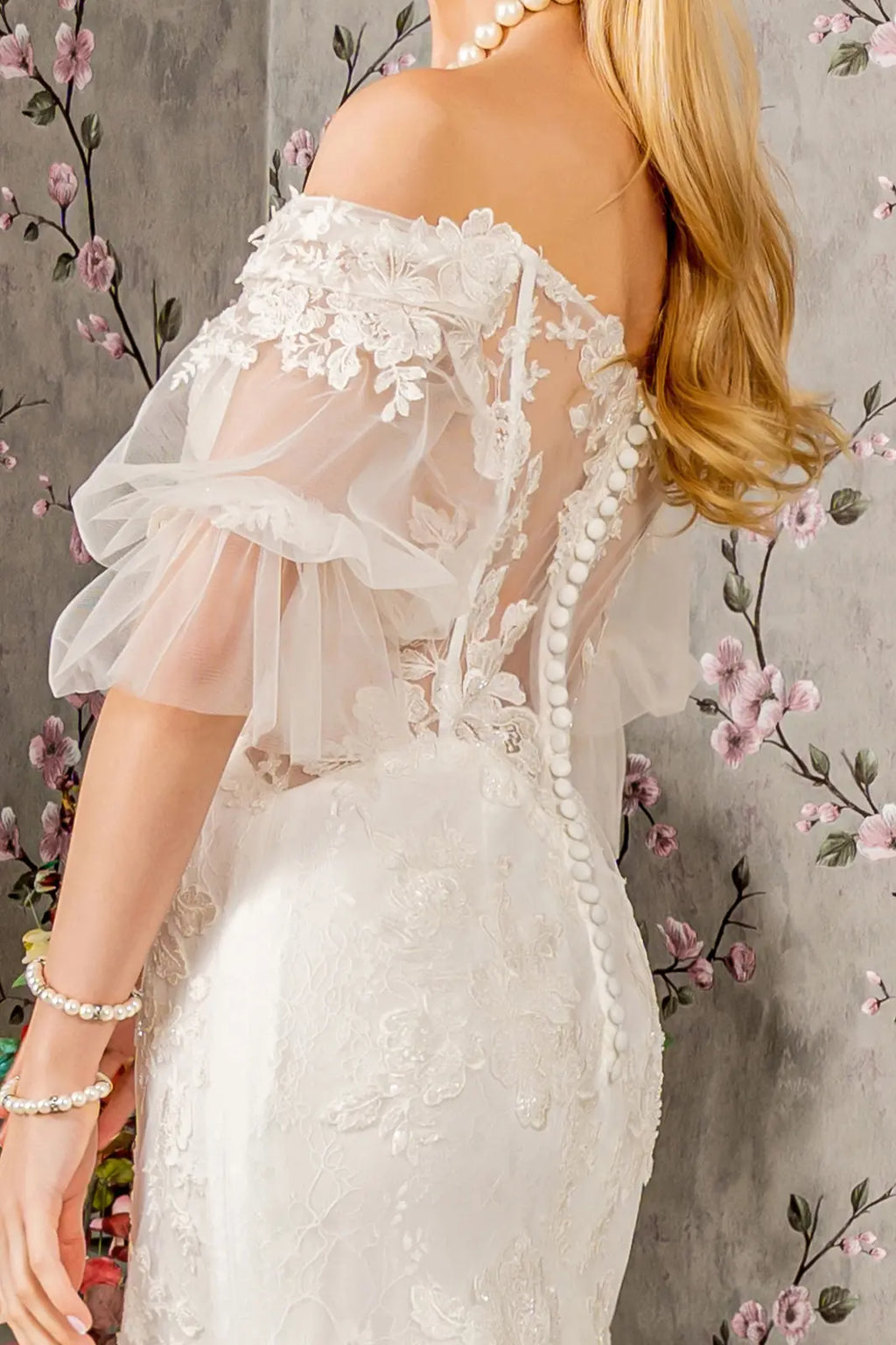 Floral Embroidered Mermaid Wedding Gown with Sheer Beaded Sleeves