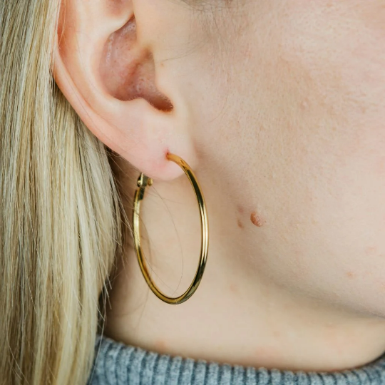 40MM Gold Large Round Dainty Minimal Pipe Threader Statement Hoop