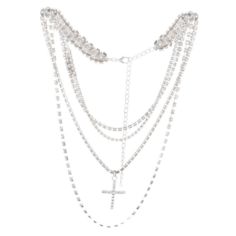 Simple Layered Crystal Cross Necklace Chain Religious Rosary Necklaces
