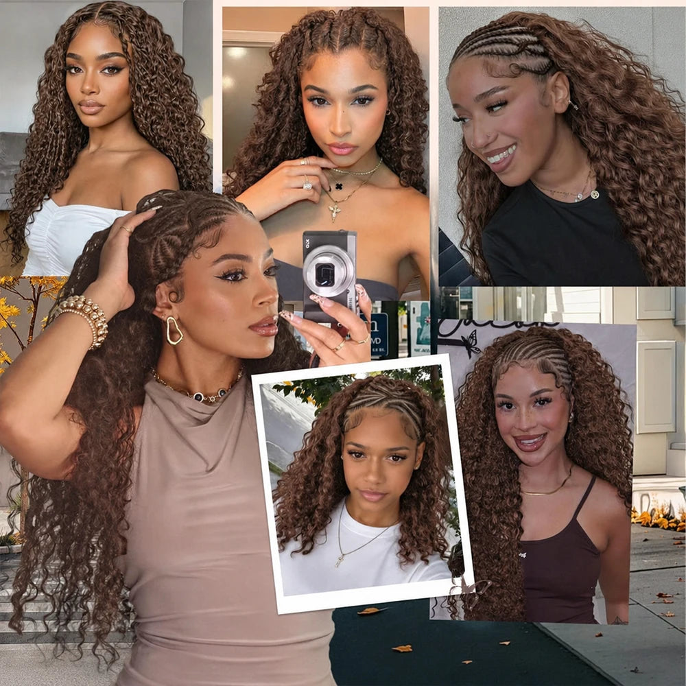 #4 Brown Deep Wave Miracle Knots Human Crochet Hair Feather Knotless Pre-Separated Boho Braiding Hair Raw Brazilian Virgin Human Hair Extensions Soft Natural Lightweight For Women