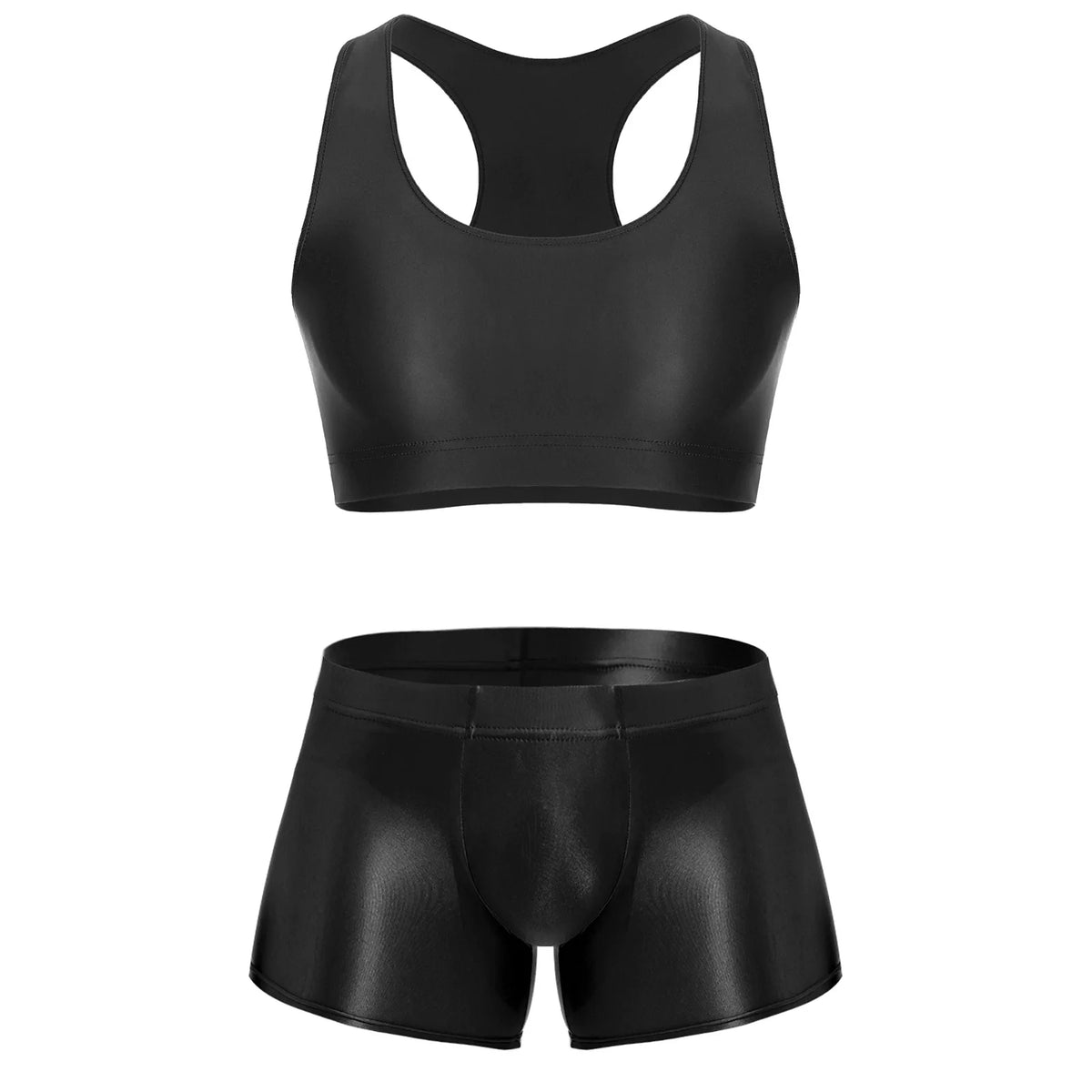 Men Glossy Stretchy Fitness Outfit U Sleeveless Crop Top Vest And Low Rise Boxer Nightwear Underwear Bathing Suit Workout Wear