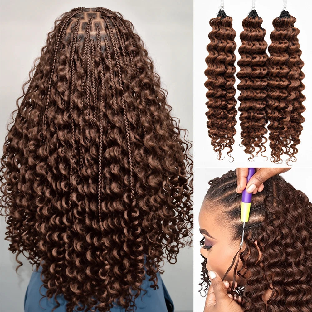 Miracle Knots #4 Brown Deep Wave Feather Crochet Human Hair Extensions Pre Separated Knotless Lightweight Soft Natural Brazilian Raw Virgin Hair Boho Braiding Hair 60g/60 Strands For Women