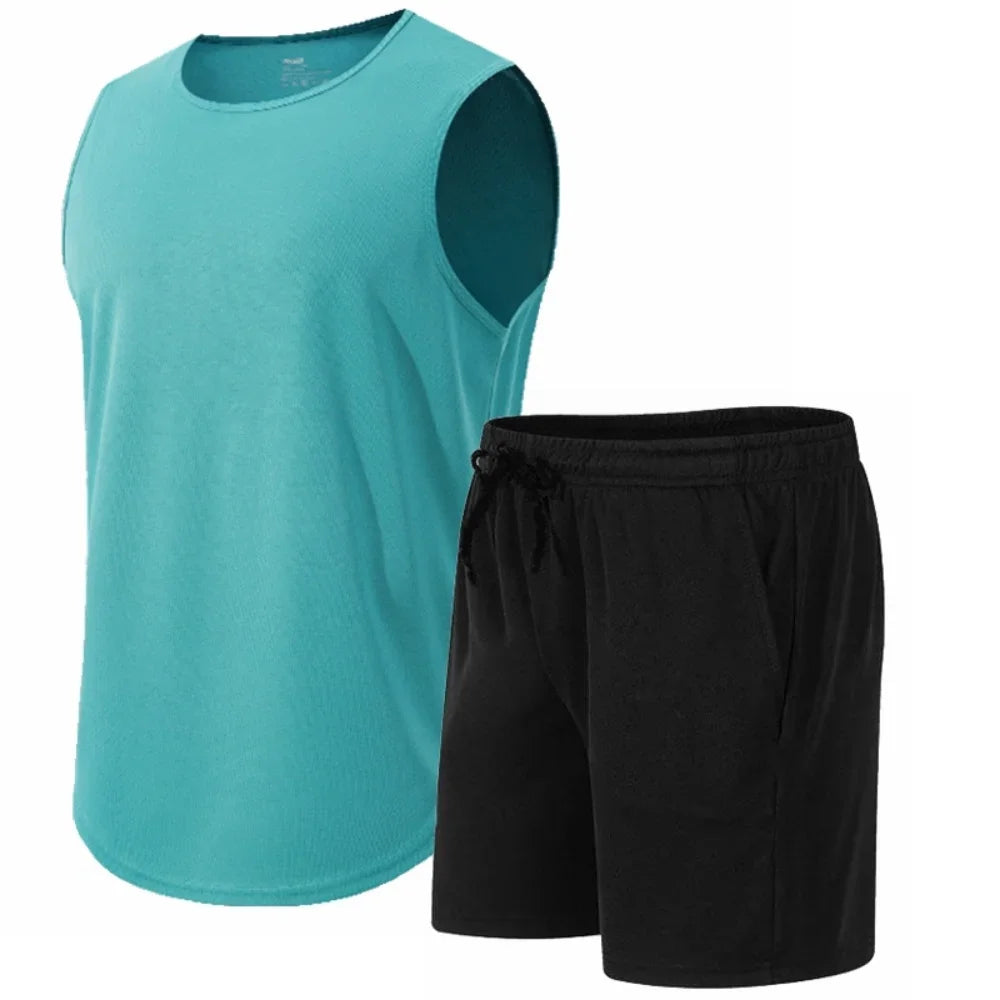 Summer New Men's Fashionable Breathable Speed Drying Sleeveless Round Neck T-shirt Set Outdoor Running Sportswear