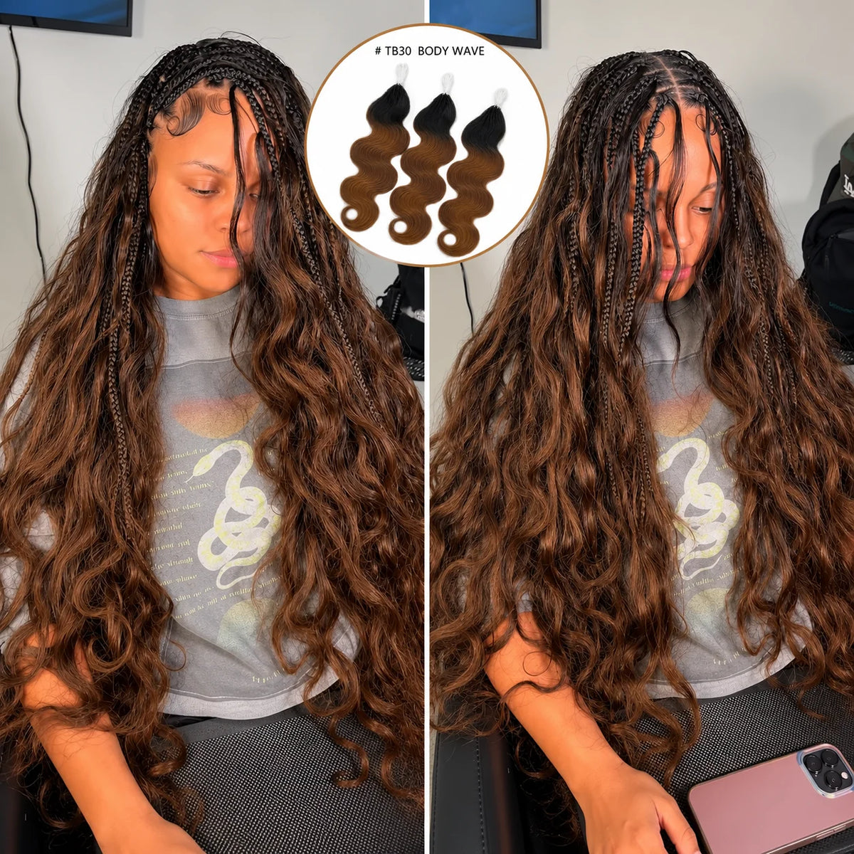 TB30 T1B/30 Ombre Highlight Body Wave Crochet Human Hair Miracle Knots Feather Extensions Invisible Knotless Pre Separated Boho Braiding Hair Natural Texture Soft Bouncy For Women