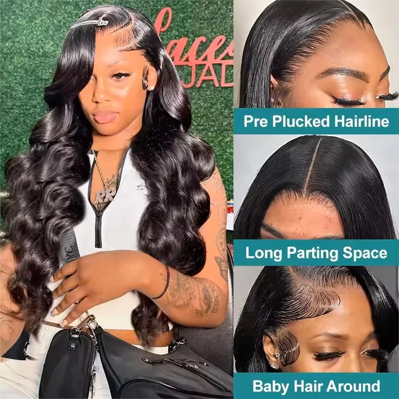 180-220% Density Natural Black 13x6 13x4 HD Transparent Lace Front Human Hair Wigs Body Wave Human Hair Wig 40 Inch #1B Wigs For Natural Look Human Hair Wigs For Women Water Wave Brazilian Pre-Plucked Prebleached Black Wig Promotional Sale