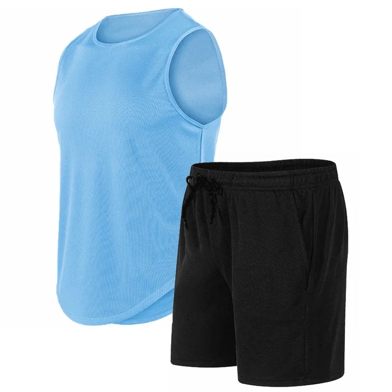 Summer New Men's Fashionable Breathable Speed Drying Sleeveless Round Neck T-shirt Set Outdoor Running Sportswear