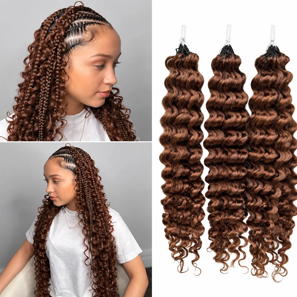 Miracle Knots #4 Brown Deep Wave Crochet Human Hair Pre Separated Feather Extensions Knotless Invisible Virgin Remy Soft Natural Wavy Texture Lightweight Boho Braiding Hair DIY Protective Style