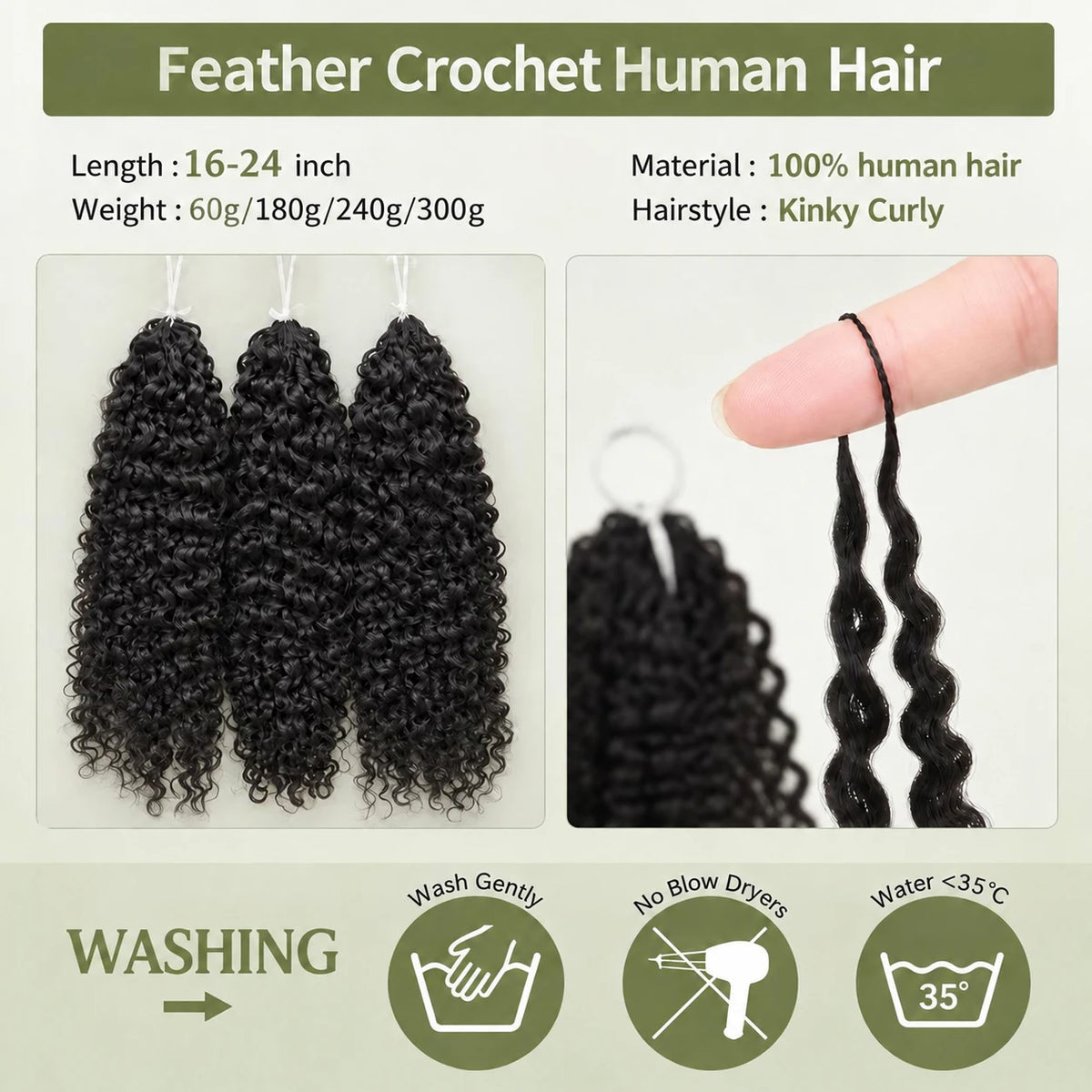 Kinky Curly Human Hair Crochet Extensions Small Spiral Curls Feather Crochet Braiding Hair Miracle Knots Pre Separated Invisible Knotless Seamless Hair Soft Full Natural Texture Easy Install Reusable