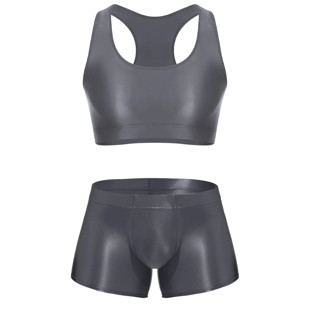Men Glossy Stretchy Fitness Outfit U Sleeveless Crop Top Vest And Low Rise Boxer Nightwear Underwear Bathing Suit Workout Wear