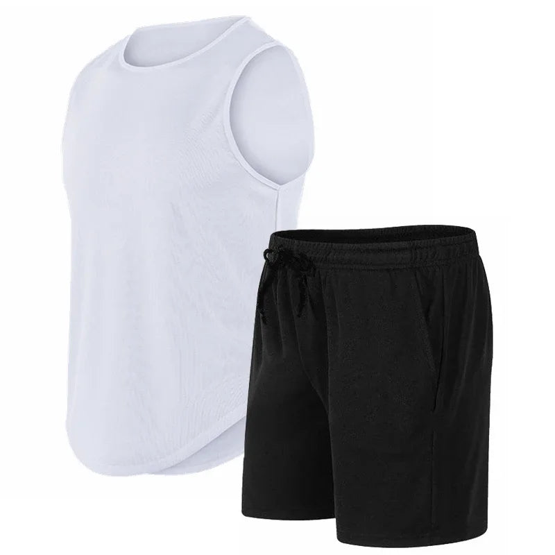 Summer New Men's Fashionable Breathable Speed Drying Sleeveless Round Neck T-shirt Set Outdoor Running Sportswear