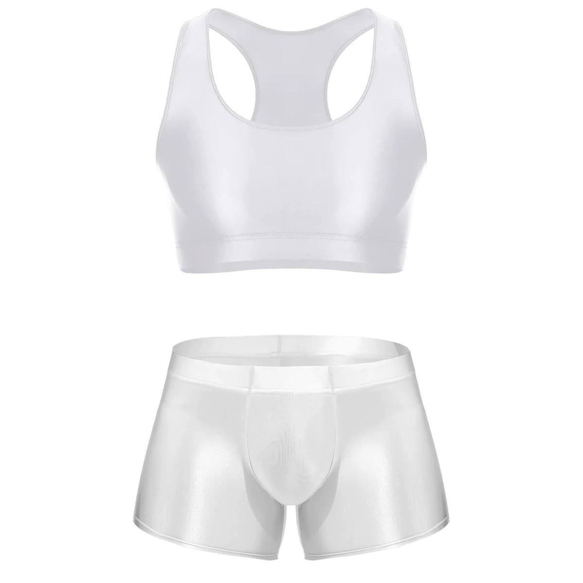 Men Glossy Stretchy Fitness Outfit U Sleeveless Crop Top Vest And Low Rise Boxer Nightwear Underwear Bathing Suit Workout Wear