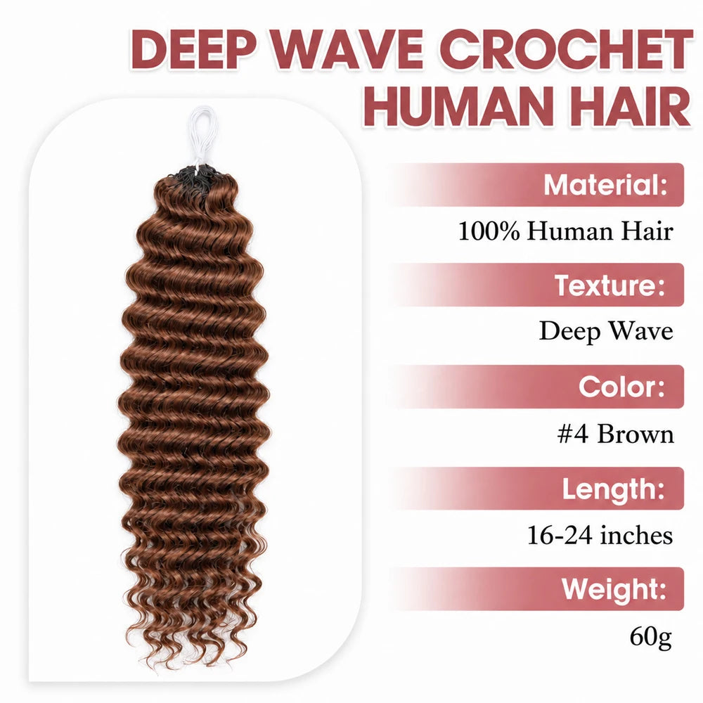 Miracle Knots #4 Brown Deep Wave Crochet Human Hair Pre Separated Feather Extensions Knotless Invisible Virgin Remy Soft Natural Wavy Texture Lightweight Boho Braiding Hair DIY Protective Style