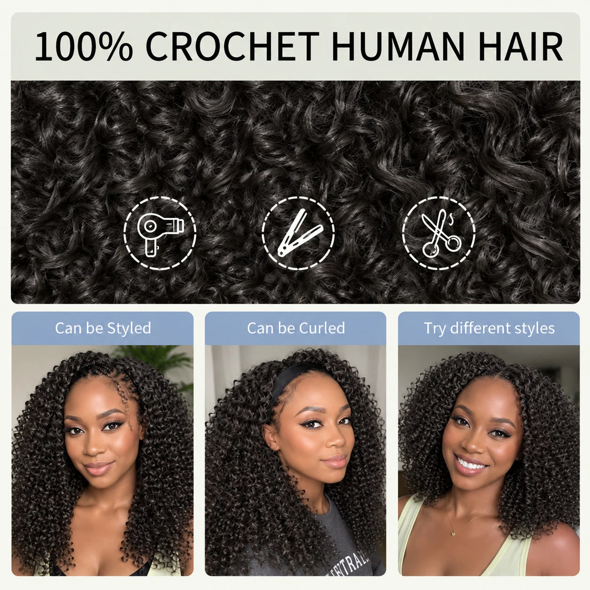 Kinky Curly Human Hair Crochet Extensions Small Spiral Curls Feather Crochet Braiding Hair Miracle Knots Pre Separated Invisible Knotless Seamless Hair Soft Full Natural Texture Easy Install Reusable