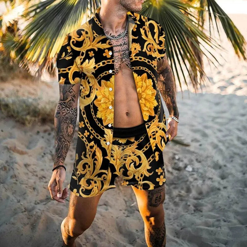 Summer Men's Shirt Loose Short Sleeve Shorts Beach Suit Quick Drying