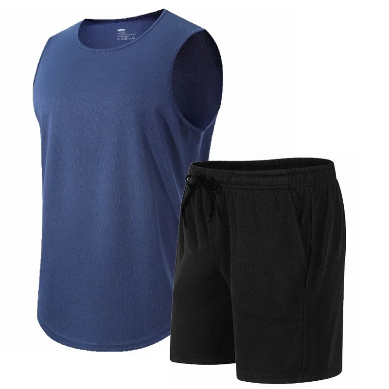 Summer New Men's Fashionable Breathable Speed Drying Sleeveless Round Neck T-shirt Set Outdoor Running Sportswear