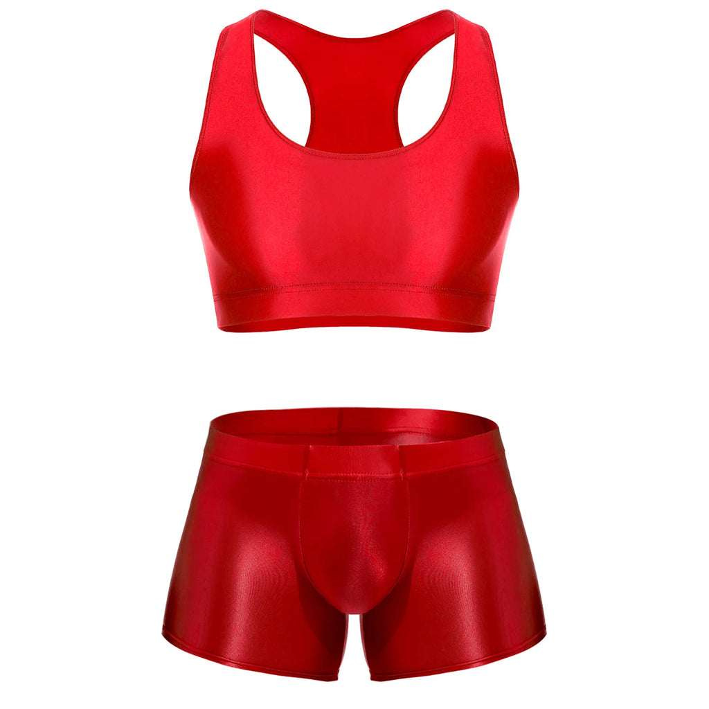 Men Glossy Stretchy Fitness Outfit U Sleeveless Crop Top Vest And Low Rise Boxer Nightwear Underwear Bathing Suit Workout Wear