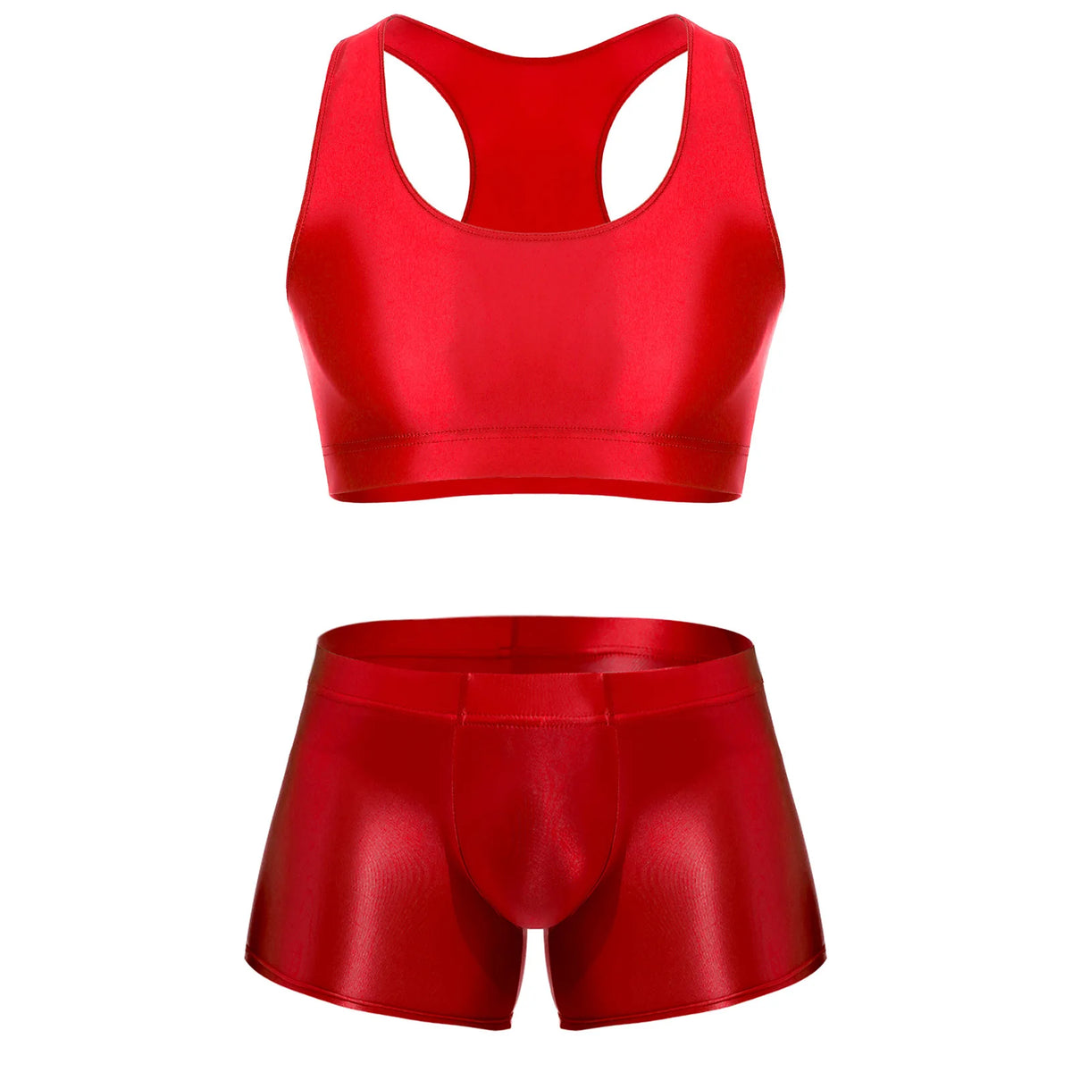 Men Glossy Stretchy Fitness Outfit U Sleeveless Crop Top Vest And Low Rise Boxer Nightwear Underwear Bathing Suit Workout Wear