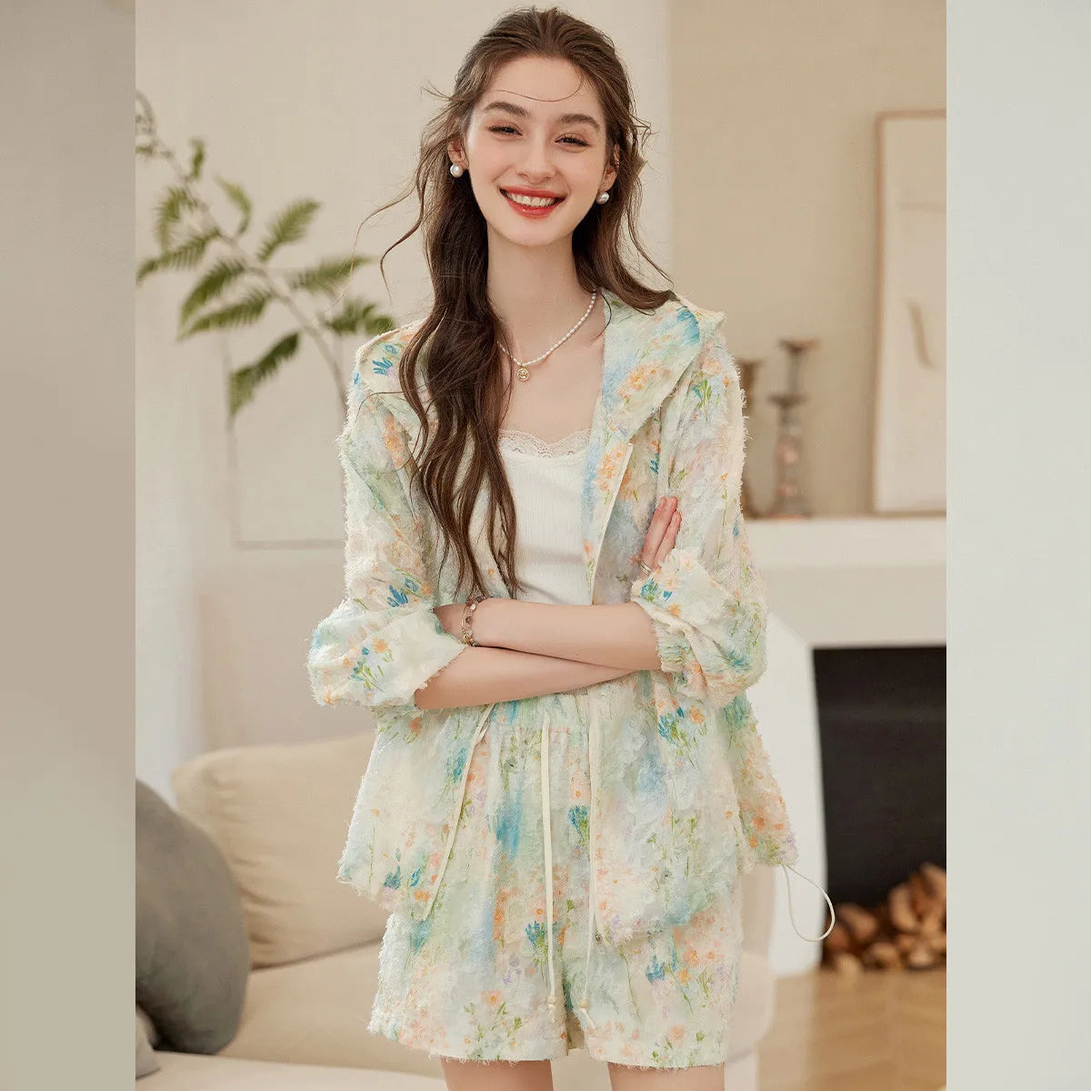 LOUIS YAO Women's Set 2026 Spring and Autumn Casual Set Printed Hooded Two-Piece Set Loose Long Sleeve Coat & Short Pants